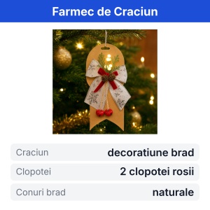 Fundiță decorativă de Crăciun, argintie, cu clopoței, conuri de brad și crenguțe, 17x11cm - Img 2
