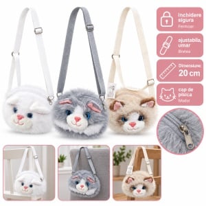 Gentuță de umăr pentru copii, model pisicuță, blăniță plușată, fermoar, 20 cm