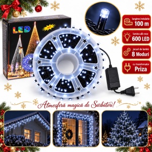 Instalație de Crăciun LED tip rolă, 100 m, 600 LED-uri, alb rece, fir negru, 8 moduri