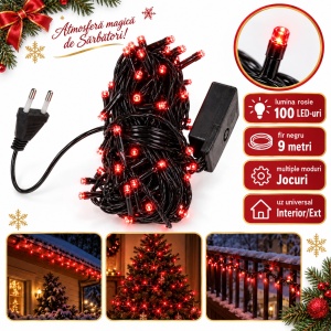 Instalatie de Craciun Liniara, 9 m, 100 LED-uri, Lumina Rosie, Fir Negru, Interior/Exterior