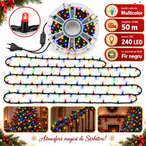 Instalație de Crăciun tip rolă, 50 m, 240 LED-uri multicolore, fir negru