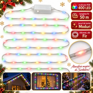 Instalație LED Tip liniar din sarma siliconata, 50 m, 400 LED multicolor
