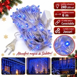 Instalație LED tip ploaie , 240 LED albastre, 6 m, fir alb , interconectabilă - Img 2