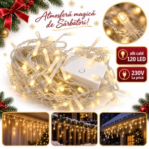 Instalație LED tip țurțuri, 120 LED alb cald, fir alb, 4 m - Img 2