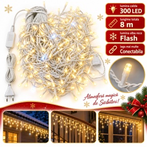 Instalatie LED tip turturi, 300 LED-uri, 8 m, alb-galben cu flash, interconectabila - Img 2