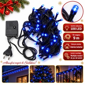 Instalație liniară de Crăciun, 100 LED-uri albastre, 9 m, fir negru, interior/exterior