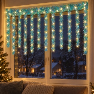 Instalație perdea, beteală albastră, 200 LED alb cald, 3 m, fir 1 m, interconectabilă - Img 3