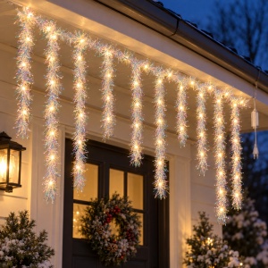 Instalație perdea cu beteală albă irizantă, 3 m, fir 1 m, 200 LED alb cald, interconectabilă - Img 6