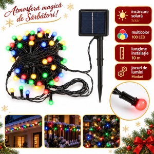 Instalație solară luminoasă de Crăciun, 10 m, 100 LED multicolor, LED tip globuleț