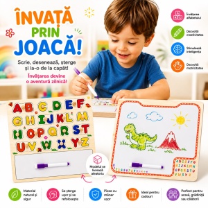 Jucărie Educativă 2 în 1 – Puzzle din Lemn și Tablă de Scris cu Marker, Model Aleatoriu