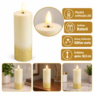 Lumânare LED decorativă cu flacără realista, glitter auriu, 20 cm