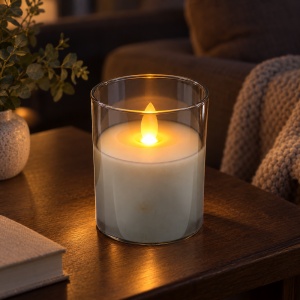 Lumânare LED decorativă în pahar din sticlă fumurie, efect flacără, 7,5x10 cm - Img 3