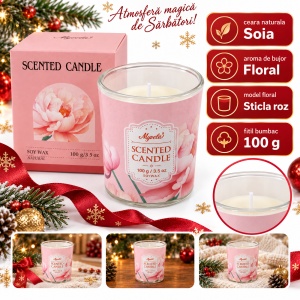 Lumânare parfumată de Crăciun, din soia, aromă florală, în recipient de sticlă roz, 100g - Img 2