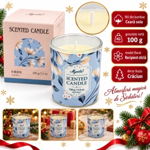 Lumânare parfumată de Crăciun, din soia, aromă florală, în recipient de sticlă albastru, 100g