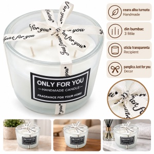 Lumânare parfumată decorativă, recipient de sticlă, ceară albă, 3 fitile bumbac, 9,5 cm