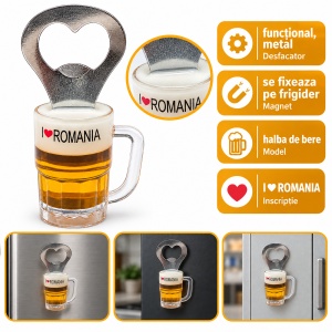 Magnet de frigider cu desfăcător, halbă de bere I ❤ ROMANIA, aprox. 8,5 × 4 cm