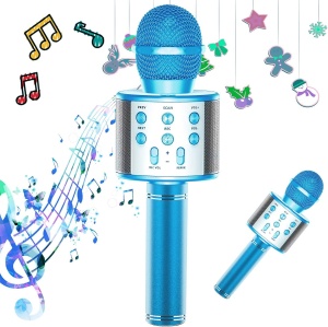 Microfon karaoke wireless cu boxa Bluetooth, lumini LED si efecte vocale, albastru - Img 2