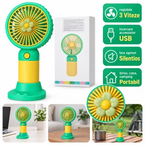 Mini ventilator portabil cu acumulator, 3 trepte de viteză, încărcare USB, model floare