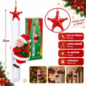 Moș Crăciun pe scară 70 cm (3 piese), figurină 20 cm, plastic și textil, muzică și lumini
