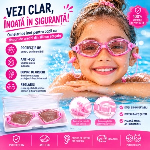 Ochelari de inot copii roz reglabili cu dopuri de urechi silicon anti-fog UV - Img 2