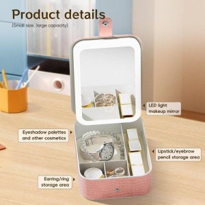 Oglinda cosmetica LED cu organizator bijuterii si cosmetice, 3 moduri lumina, reincarcabila, roz - Img 2