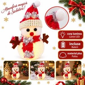 Om de zăpadă decorativ de Crăciun, pufos, cu LED pe baterii, 15x9 cm