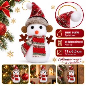 Ornament de brad Om de Zăpadă pufos, polistiren și textil, 11x6,5 cm