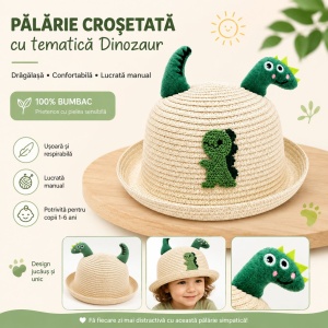 Palarie Crosetata Copii cu Tematica Dinozaur, Bumbac, Design Handmade, Crem-Verde - Img 2