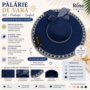 Pălărie Damă Albastru Bleumarin de Vară cu Bor Lat, Fundă Decorativă și Margine cu Model - Img 2