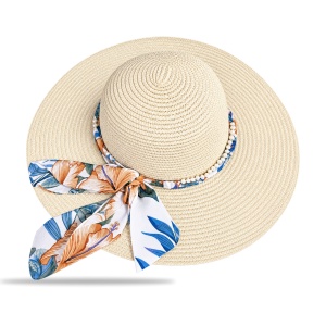 Pălărie de Plajă Alb Ivory cu Panglică Florală și Boruri Largi