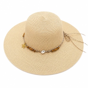 Pălărie de Soare Damă Bej cu Bor Lat și Accesorii Boho