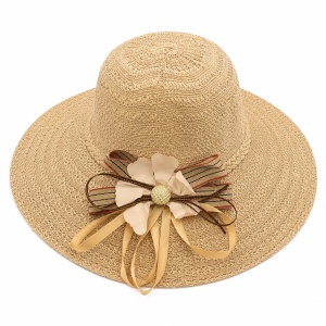 Palarie de Soare pentru Dama Bej cu Boruri Largi si Floare Decorativa