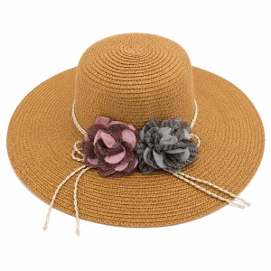 Palarie de Soare pentru Dama Maro Caramel cu Boruri Largi si Flori Decorative