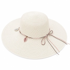 Palarie de Soare pentru Femei, Crem, cu Frunze si Fundita, Boruri Largi, Design Elegant de Vara
