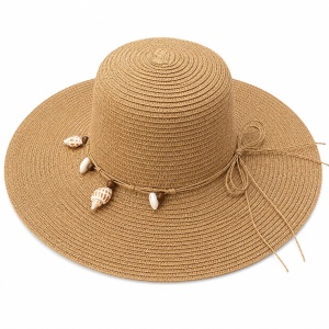 Palarie de Soare pentru Femei, Maro , cu Scoici Decorative si Fundita, Boruri Largi, Eleganta de Vara