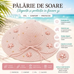 Palarie de Soare Roz Eleganta cu Flori Decorative pentru Plaja si Vacante - Img 2