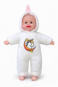 Papusa bebelus 50 cm, costum alb pufos cu unicorn, recita Ingerasul, jucarie interactiva