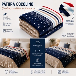 Patura Cocolino Pufoasa cu Dungi si Stele, Bleumarin/Bej, 200x220 cm