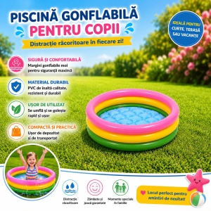 Piscină Gonflabilă pentru Copii 68 cm – Piscină Inflabilă Rotundă Multicoloră, PVC Rezistent - Img 2