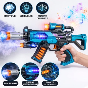 Pistol jucarie electric cu efect fum, lumini LED si sunete, model futuristic albastru - Img 2