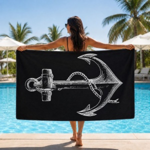 Prosop de Plajă Model Ancoră Vintage Negru 70x140 cm – Design Nautic Elegant - Img 2