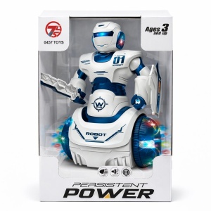 Robot interactiv cu lumini si sunete, miscare pe roti, alb cu albastru/rosu