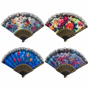 Set 12 Evantaie Elegante cu Dantelă 23 cm – Modele Florale Diverse, Culori Diferite