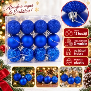 Set 12 Globuri de Crăciun, Albastru Regal, 3 Modele Asortate, cu Agățători