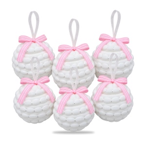 Set 12 globuri de Crăciun din material textil, alb cu fundă roz, 34x24x7cm