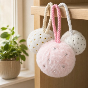 Set 12 globuri pufoase decorative, model asortat roz si alb, cu snur de suspendare, 23x18cm - Img 2