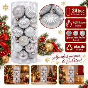 Set 24 globuri de Crăciun, agățătoare incluse, plastic, argintiu/alb-perlat, tub 20 cm