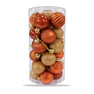Set 24 globuri de Crăciun din plastic, portocaliu și auriu, modele diverse, tub 20,5×7,5 cm - Img 2