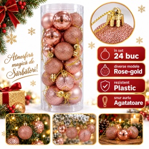 Set 24 globuri de Crăciun rose-gold, din plastic, diverse modele, 20,5 cm