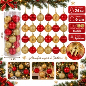 Set 24 globuri de Craciun, rosu si auriu, 6 cm, plastic, diverse modele